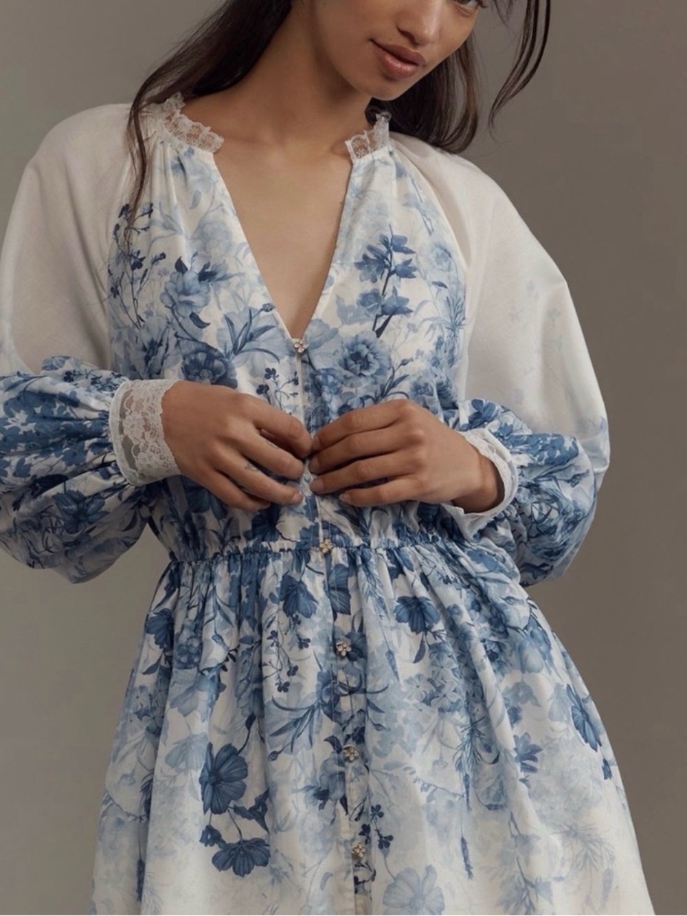 Anthropologie Blue & White Floral Mini Dress with Lace Trim - Picture 2 of 12